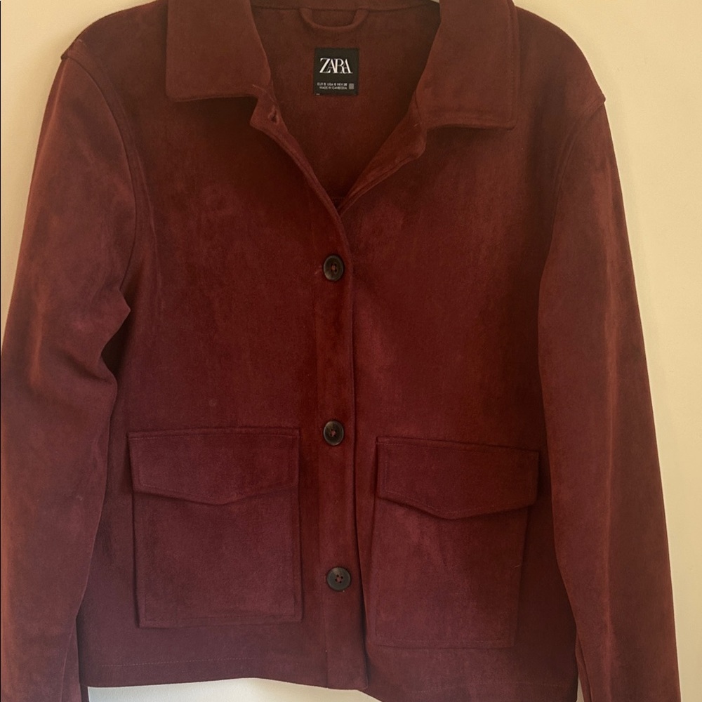 Zara Burgundy Suede Utility Jacket - Picture 2 of 8